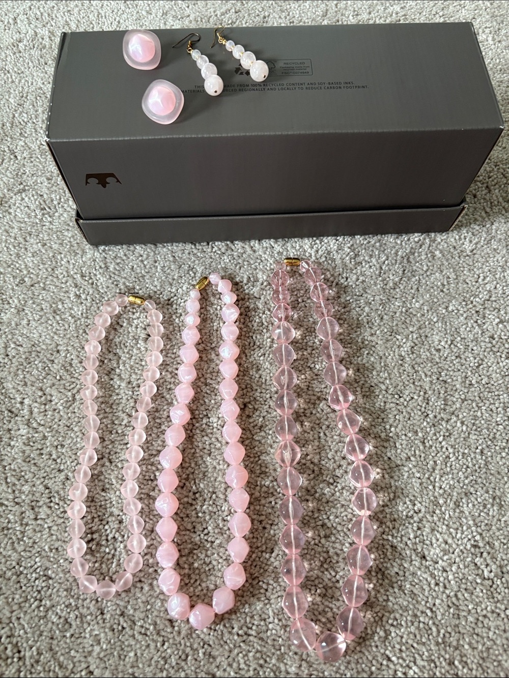 Vintage Pink Beaded Necklace Trio with Matching Earrings